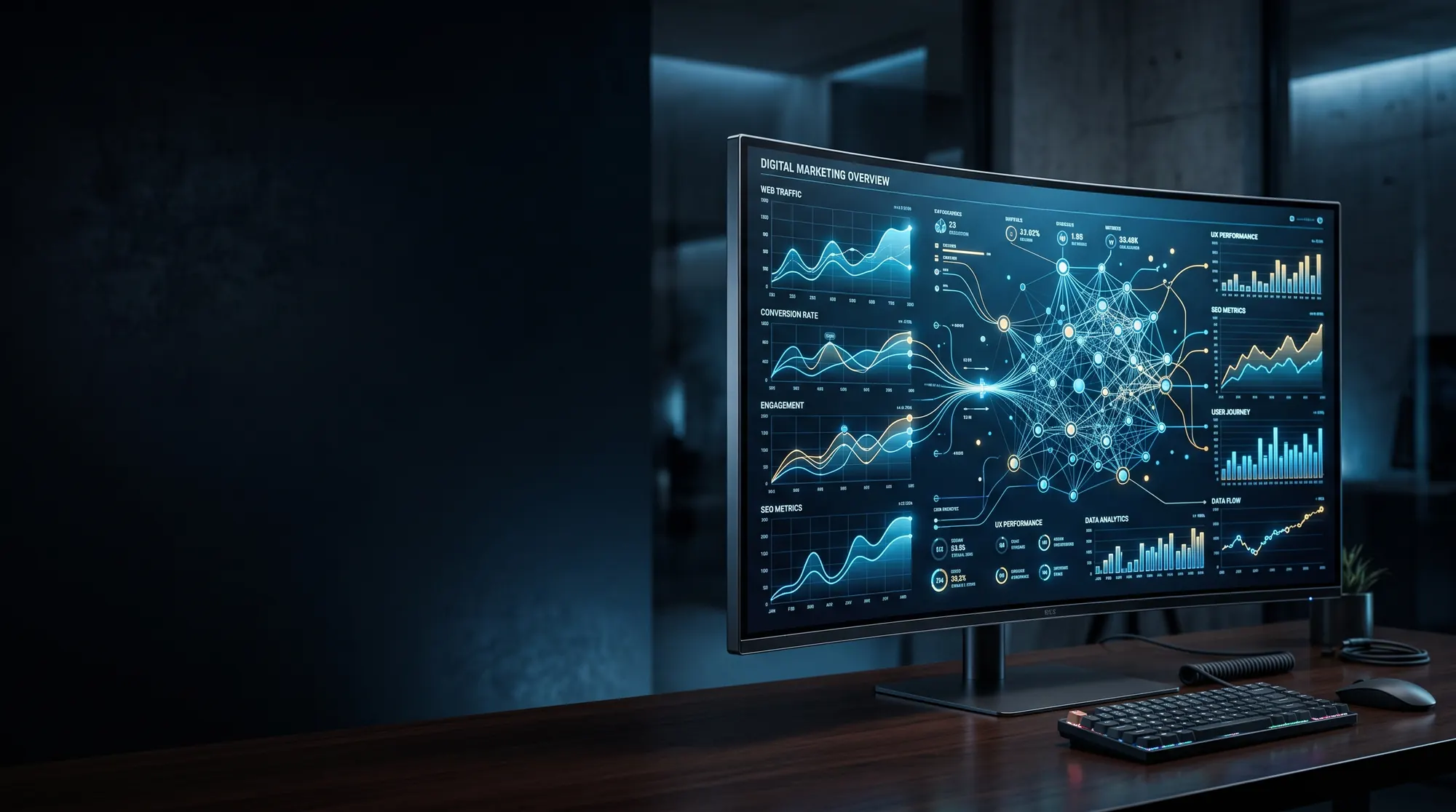 Monitor con un tablero de marketing: tráfico web, tasa de conversión, interacción y métricas de SEO en la misma pantalla.